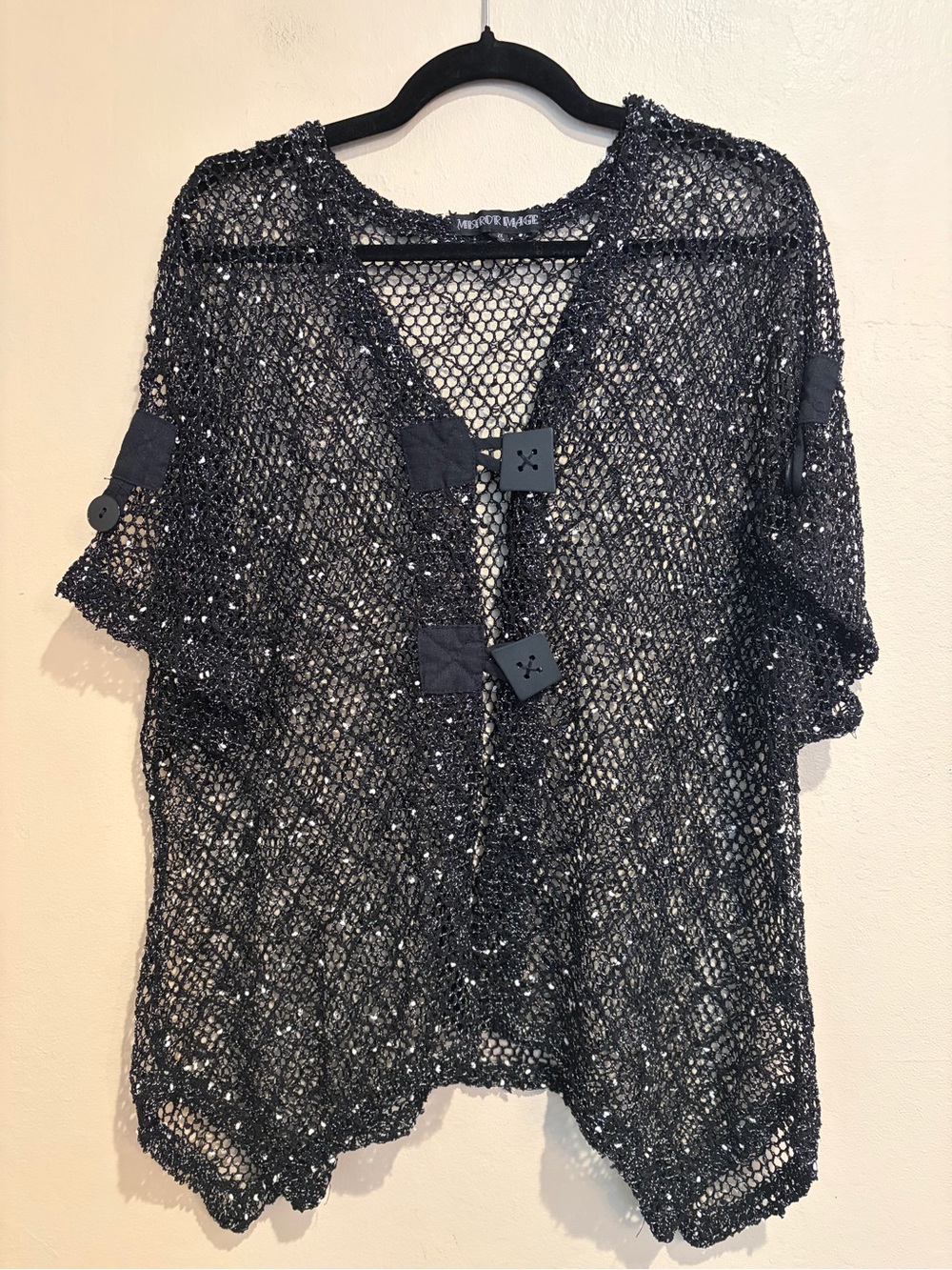Mirror Image Black & White Crochet Blouse, Big Square Buttons, See-Thru, Baggy